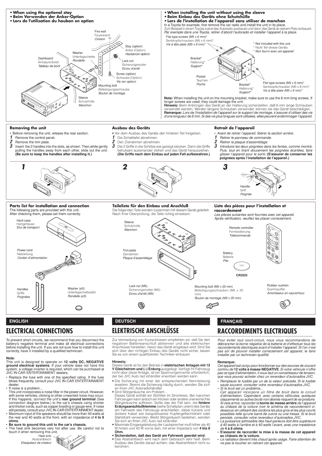 JVC KD-SX1000R manual Removing the unit Ausbau des Geräts Retrait de l’appareil, Parts list for installation and connection 