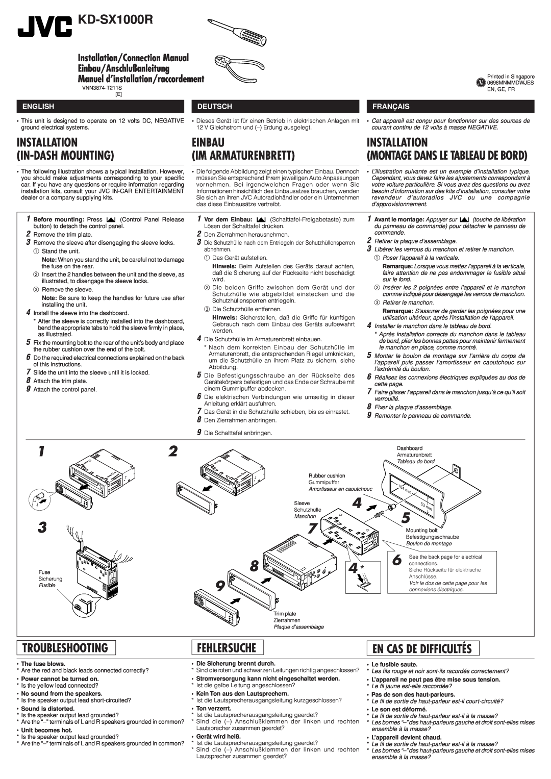 JVC KD-SX1000R manual Installation, Einbau, In-Dash Mounting, Troubleshooting, Fehlersuche, En Cas De Difficultés, English 