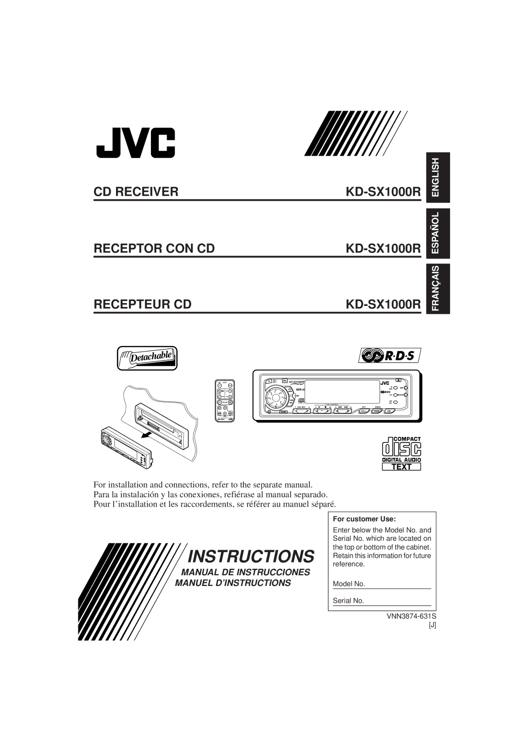 JVC KD-SX1000RJ manual Instructions, CD Receiver Receptor CON CD Recepteur CD 