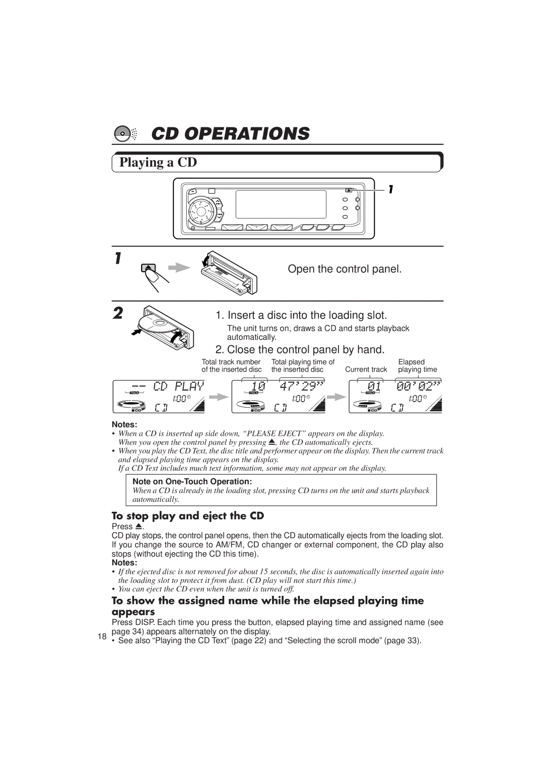 JVC KD-SX1000RJ manual CD Operations, Playing a CD, Open the control panel Insert a disc into the loading slot 