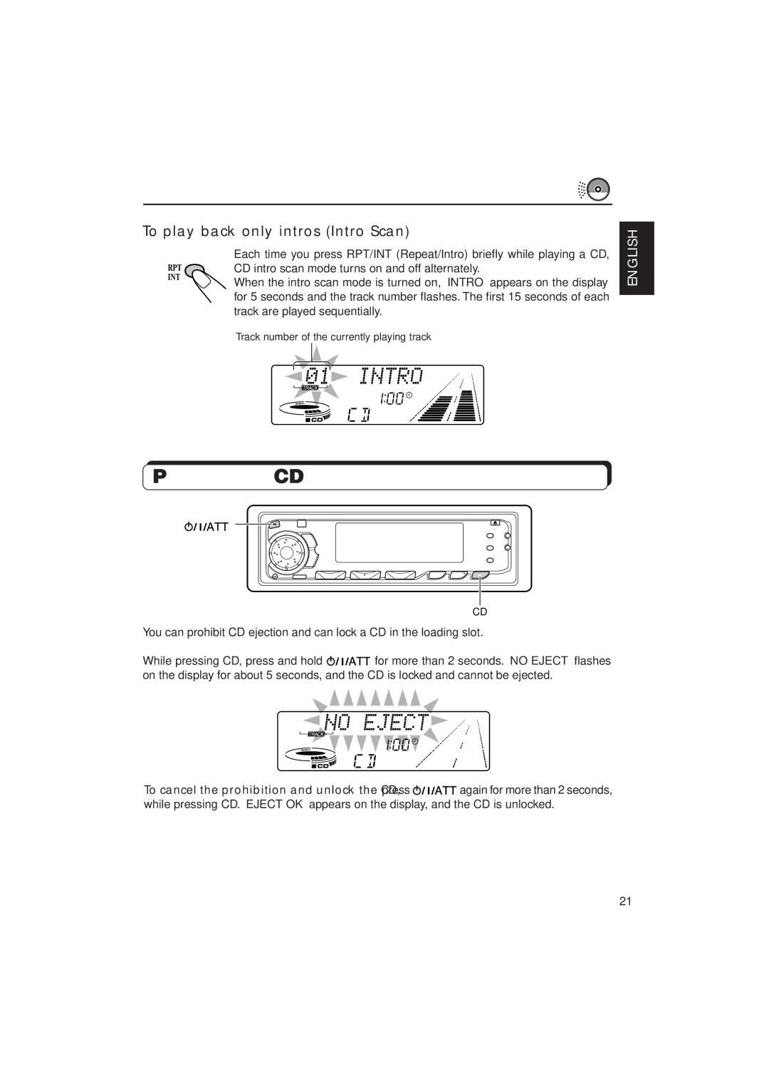 JVC KD-SX1000RJ manual Prohibiting CD ejection, To play back only intros Intro Scan 