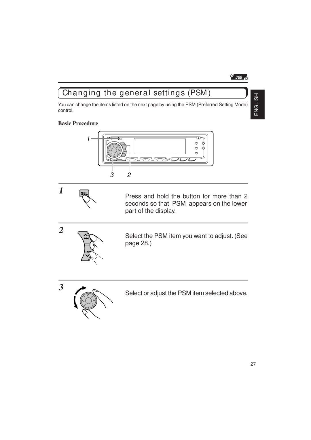 JVC KD-SX1000RJ manual Changing the general settings PSM, Select or adjust the PSM item selected above, Basic Procedure 