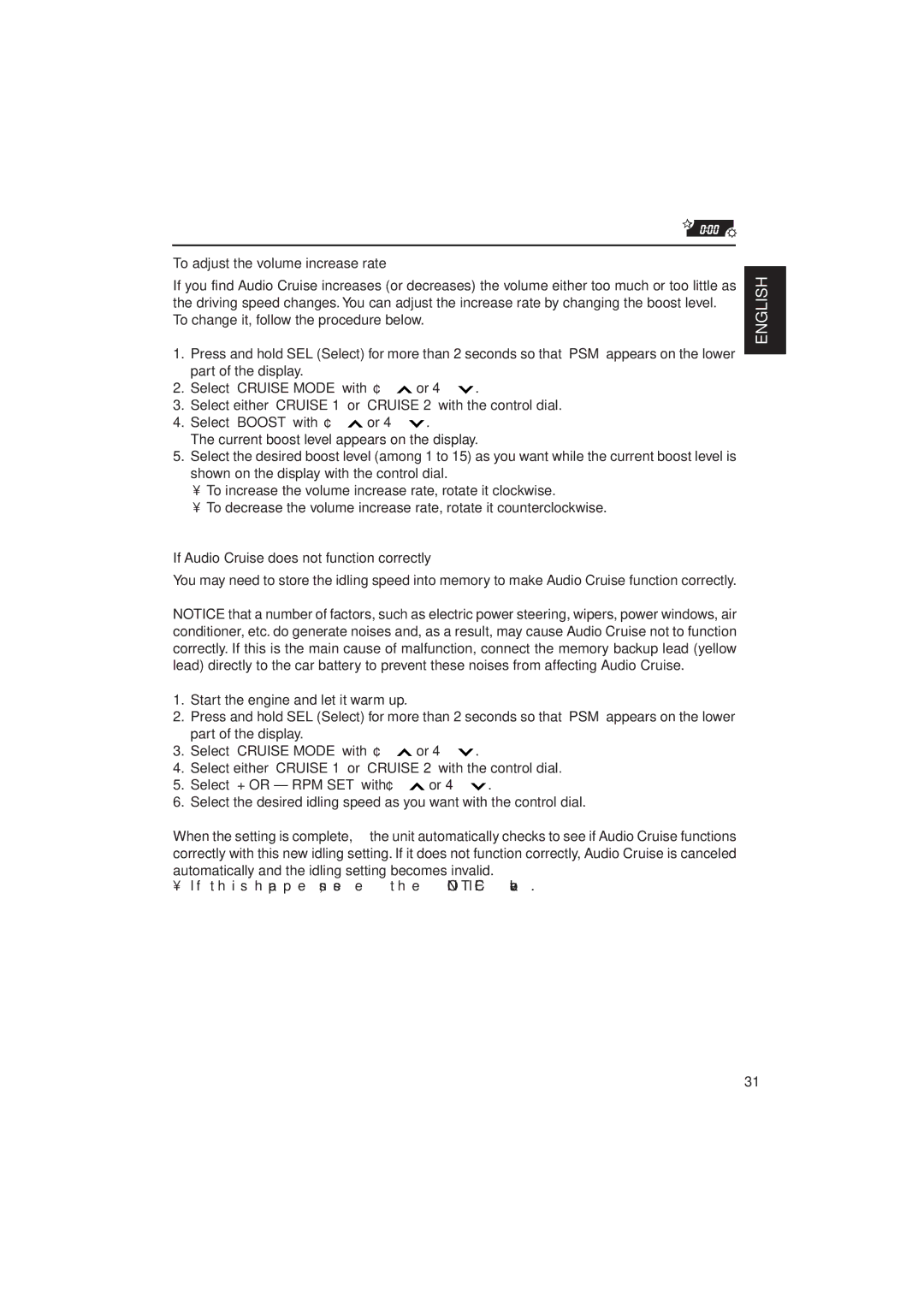 JVC KD-SX1000RJ manual To adjust the volume increase rate, If Audio Cruise does not function correctly 