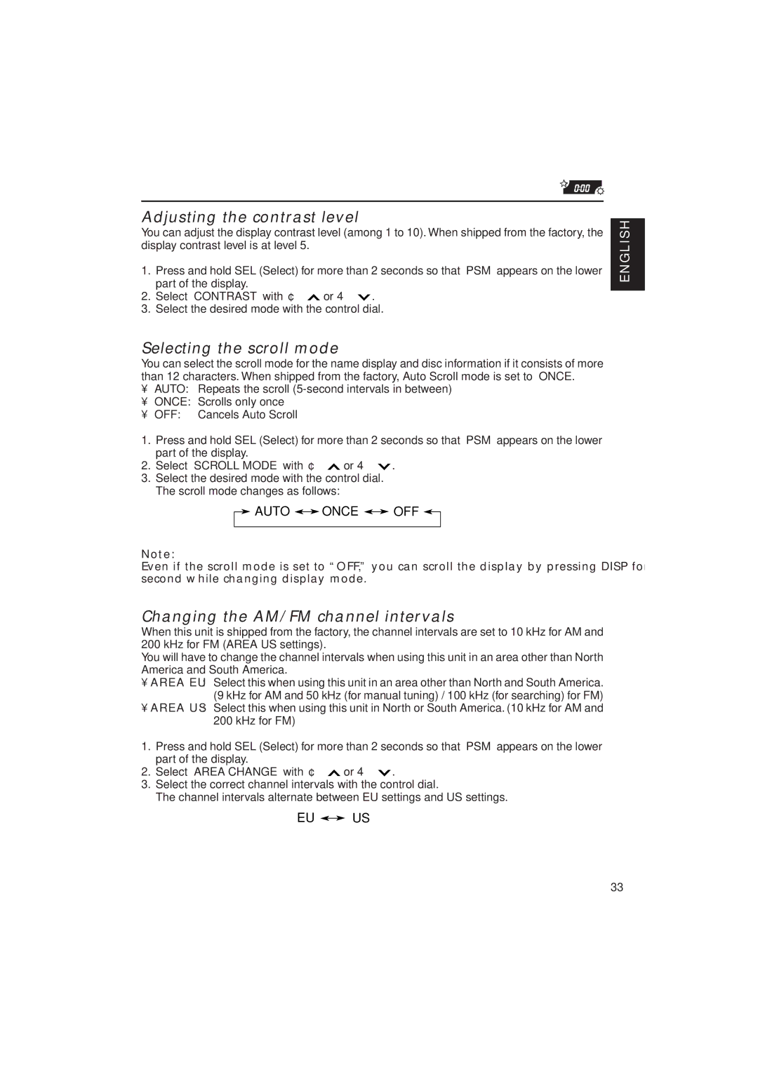 JVC KD-SX1000RJ manual Adjusting the contrast level, Selecting the scroll mode, Changing the AM/FM channel intervals 