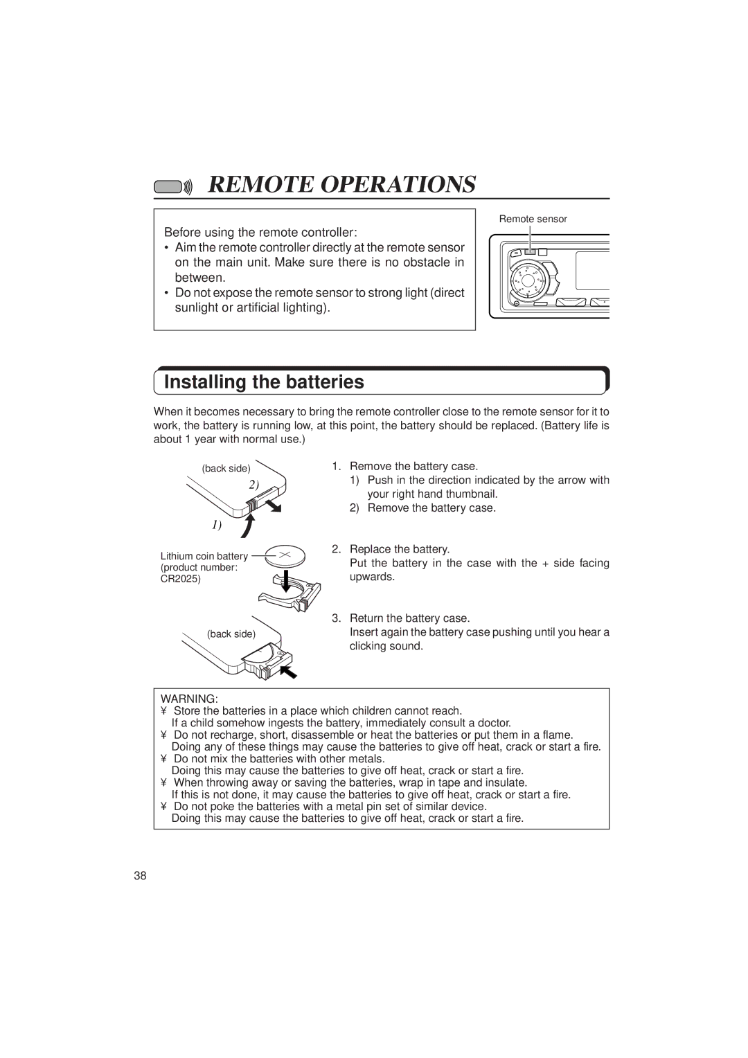 JVC KD-SX1000RJ manual Remote Operations, Installing the batteries, Remove the battery case, Replace the battery 