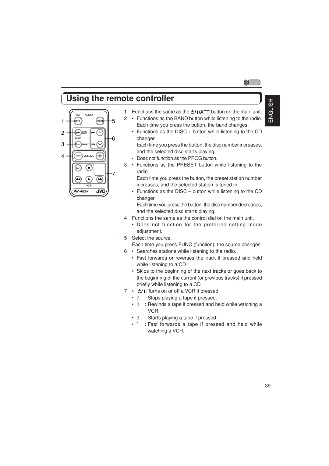 JVC KD-SX1000RJ manual Using the remote controller 