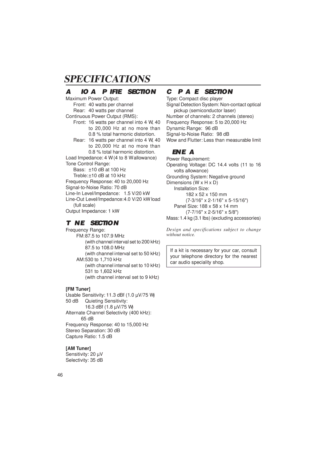 JVC KD-SX1000RJ manual Specifications, FM Tuner, AM Tuner 