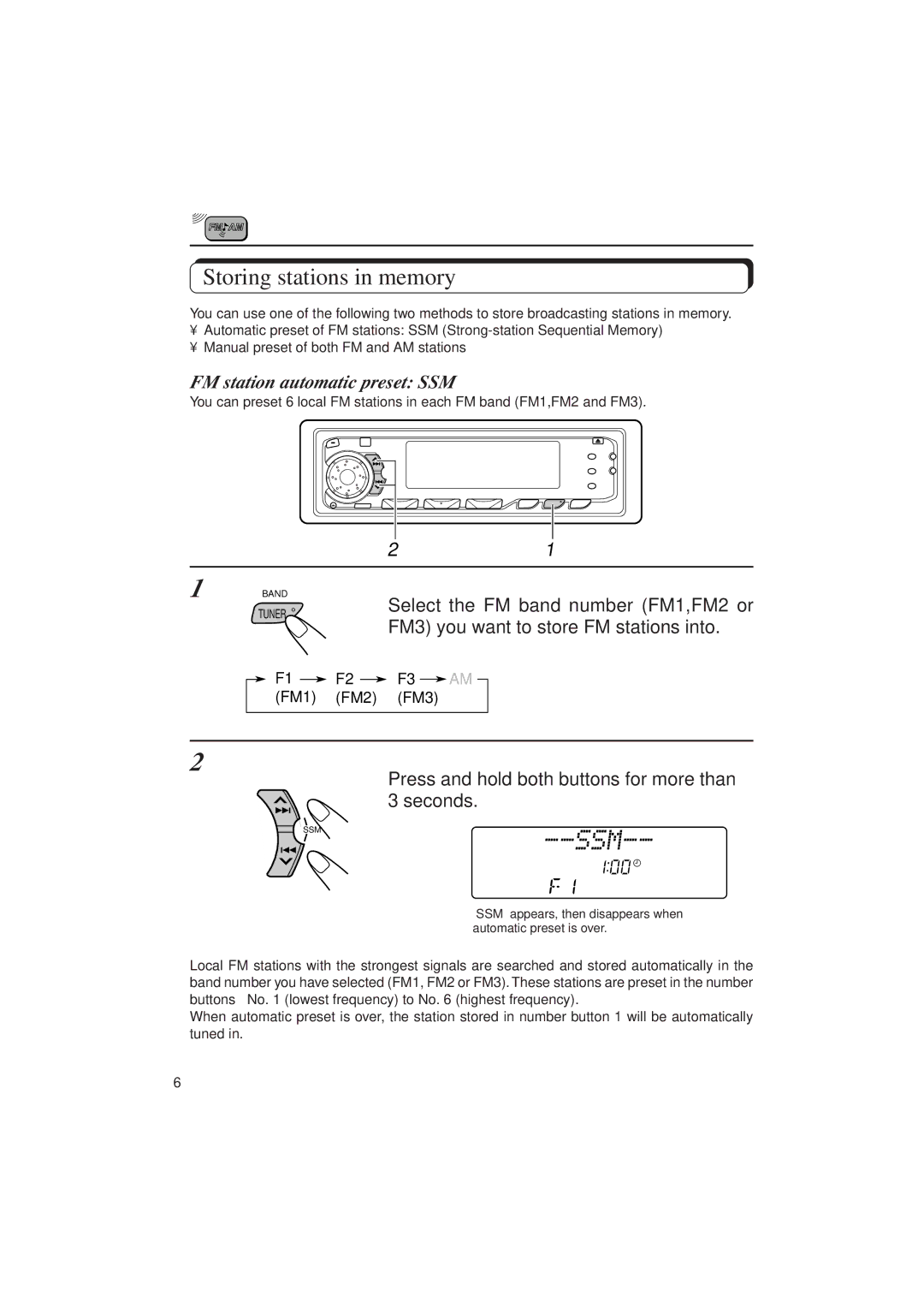 JVC KD-SX1000RJ manual Storing stations in memory, FM station automatic preset SSM 