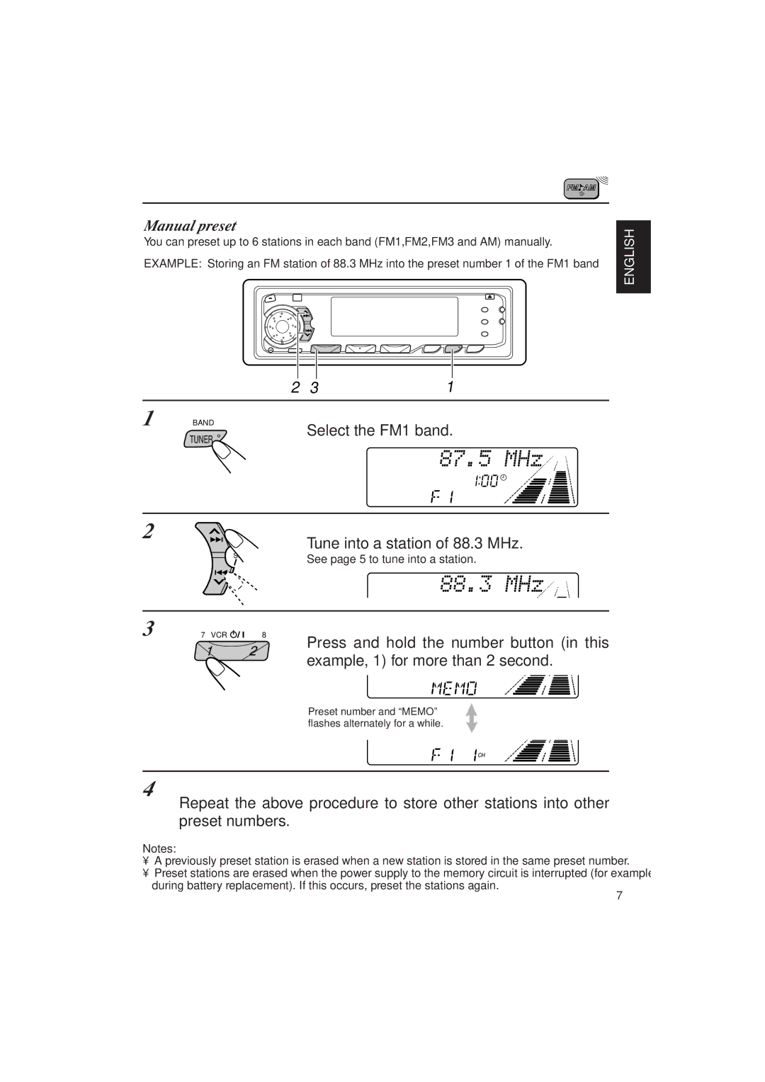 JVC KD-SX1000RJ Manual preset, Select the FM1 band, Tune into a station of 88.3 MHz, Press Hold the number button This 