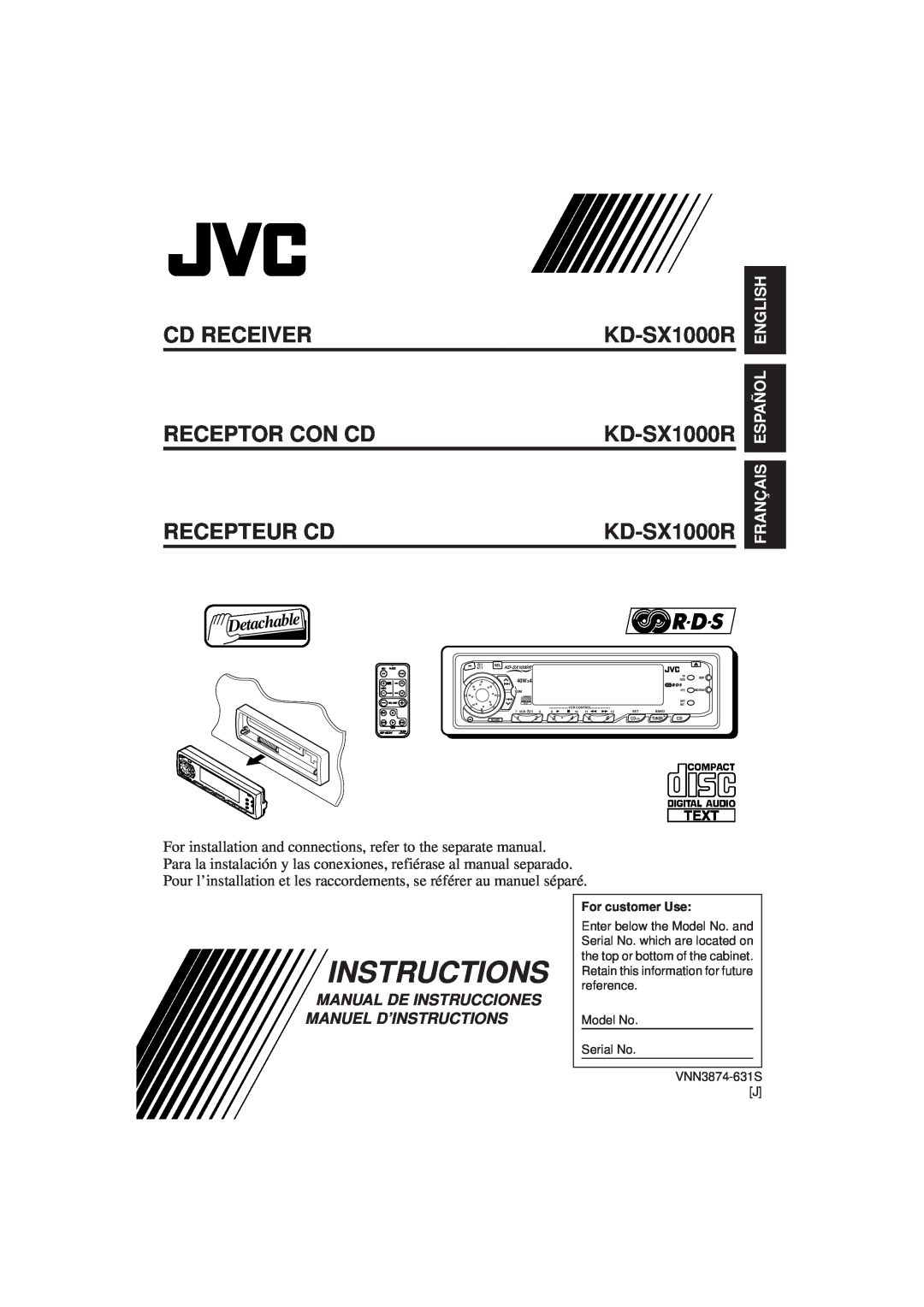 JVC KD-SX1000RJ manual Instructions, Cd Receiver Receptor Con Cd Recepteur Cd, English, Español, Français 