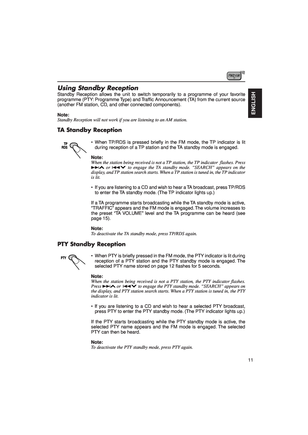 JVC KD-SX1000RJ manual Using Standby Reception, TA Standby Reception, PTY Standby Reception, English 