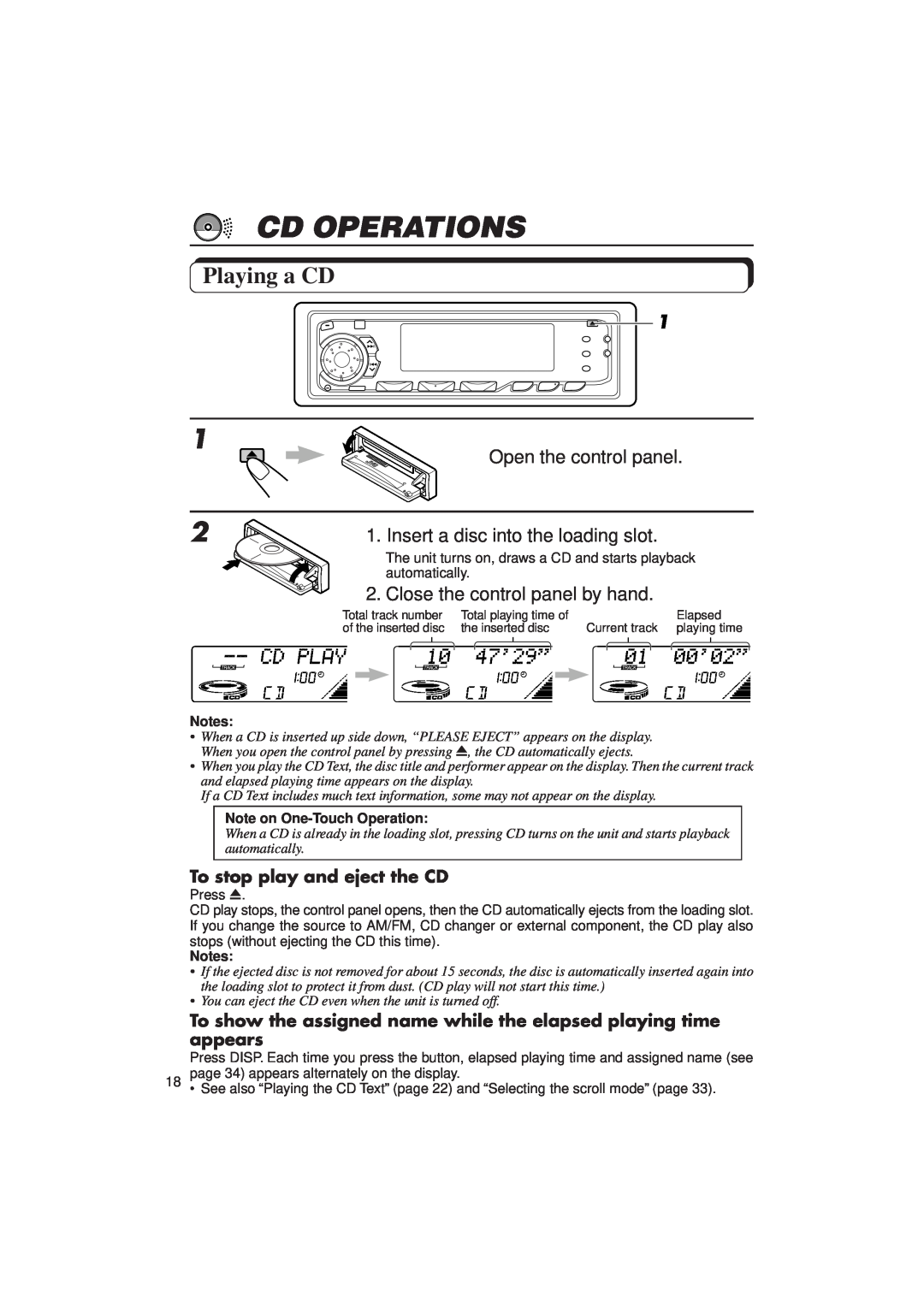 JVC KD-SX1000RJ manual Cd Operations, Playing a CD, Open the control panel, Insert a disc into the loading slot 