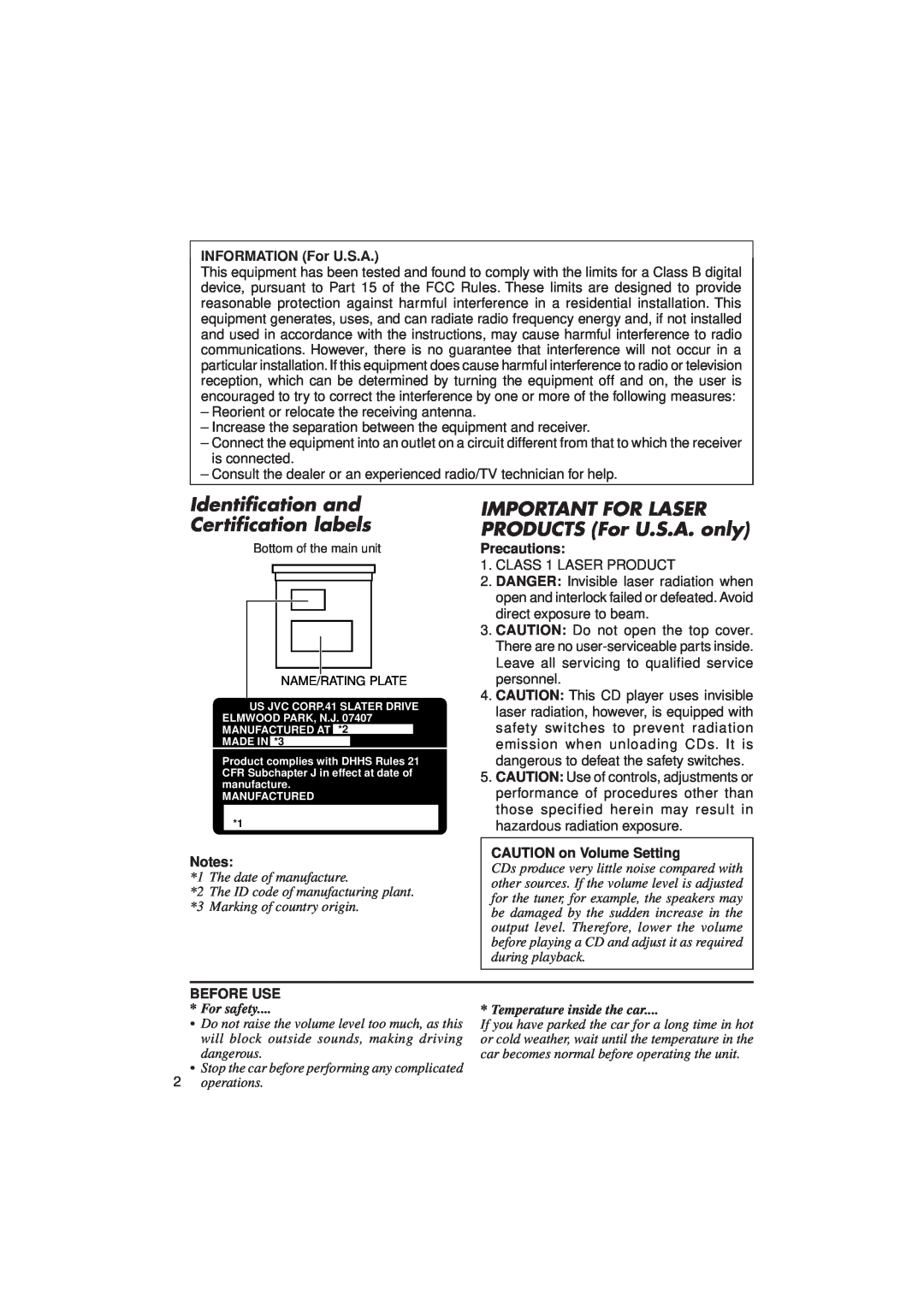 JVC KD-SX1000RJ manual INFORMATION For U.S.A, Precautions, CAUTION on Volume Setting, Before Use, For safety 