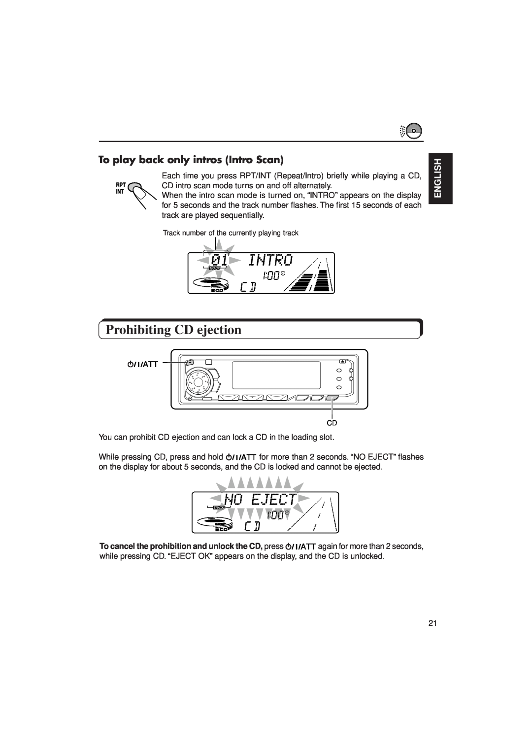 JVC KD-SX1000RJ manual Prohibiting CD ejection, To play back only intros Intro Scan, English 