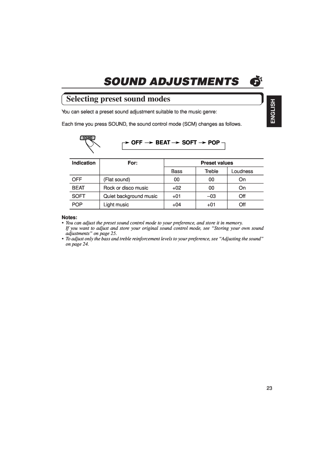 JVC KD-SX1000RJ manual Sound Adjustments, Selecting preset sound modes, Beat, Soft, English, Indication, Preset values 