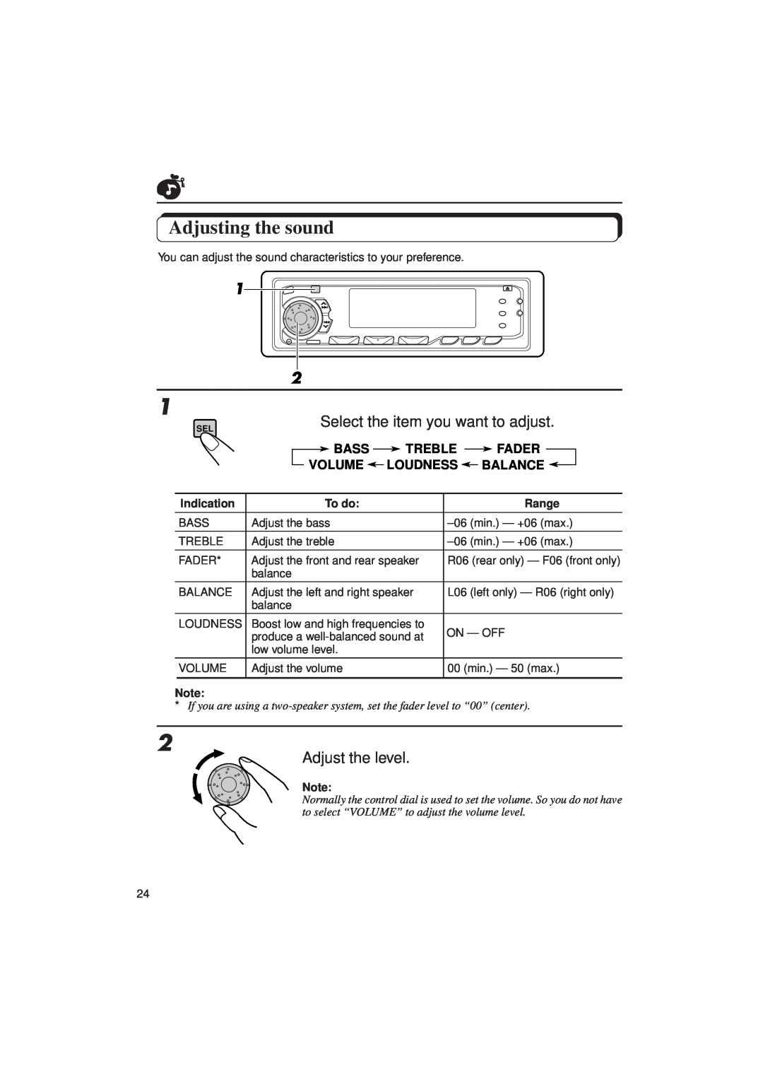 JVC KD-SX1000RJ Adjusting the sound, Select the item you want to adjust, Adjust the level, Bass, Treble, Fader, Volume 