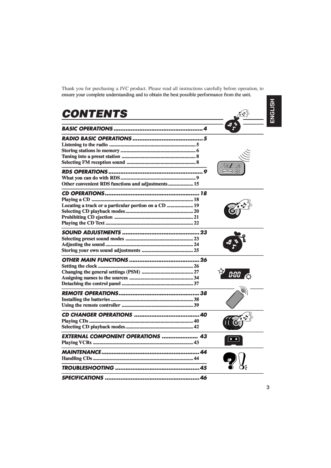 JVC KD-SX1000RJ manual Contents, English 