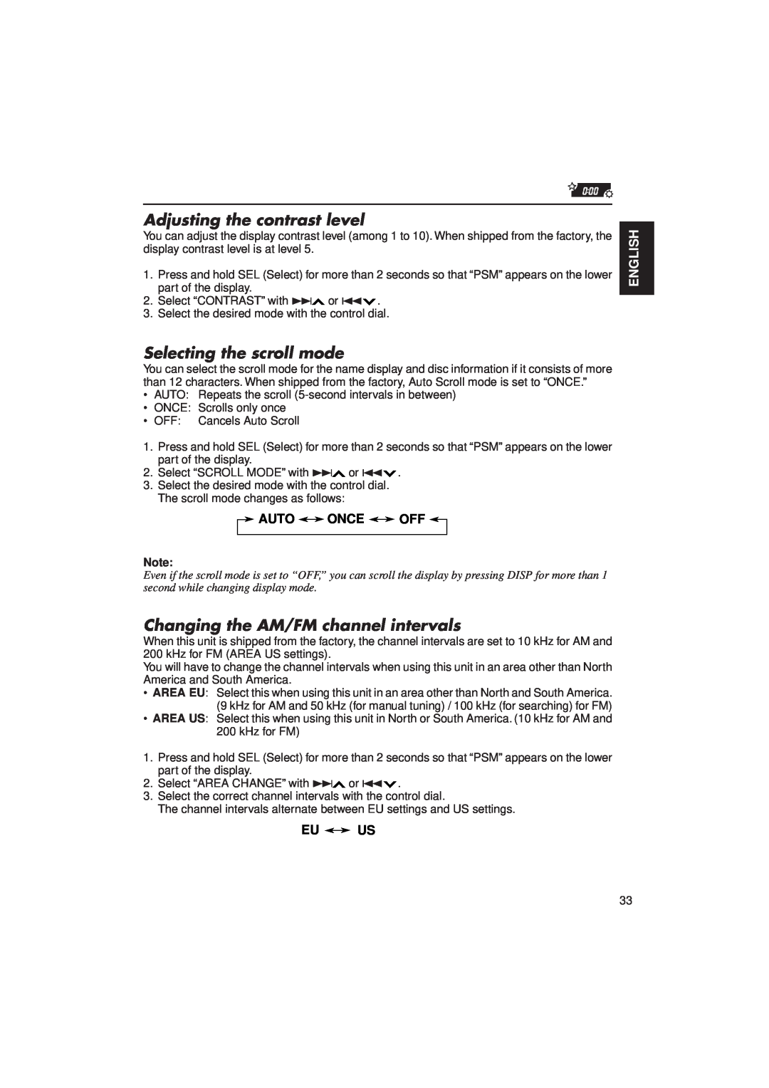 JVC KD-SX1000RJ manual Adjusting the contrast level, Selecting the scroll mode, Changing the AM/FM channel intervals, Eu Us 