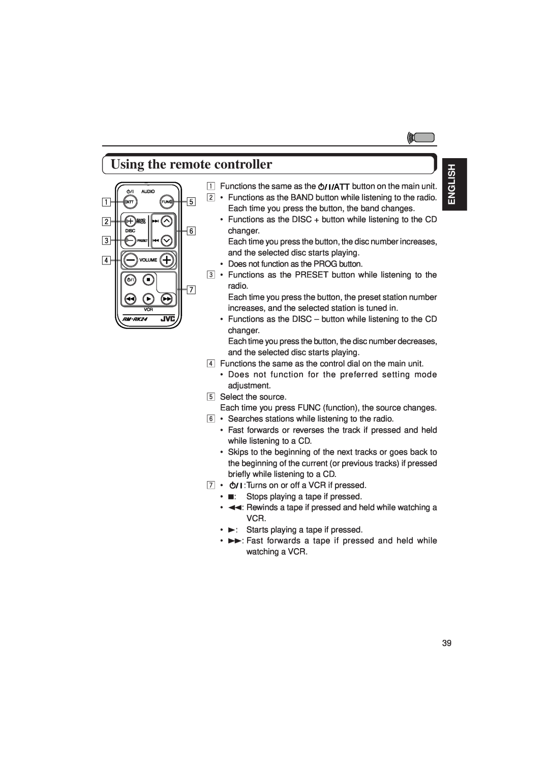 JVC KD-SX1000RJ manual Using the remote controller, English 