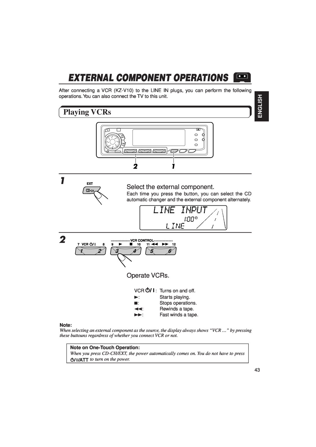 JVC KD-SX1000RJ manual Playing VCRs, Select the external component, Operate VCRs, External Component Operations, English 