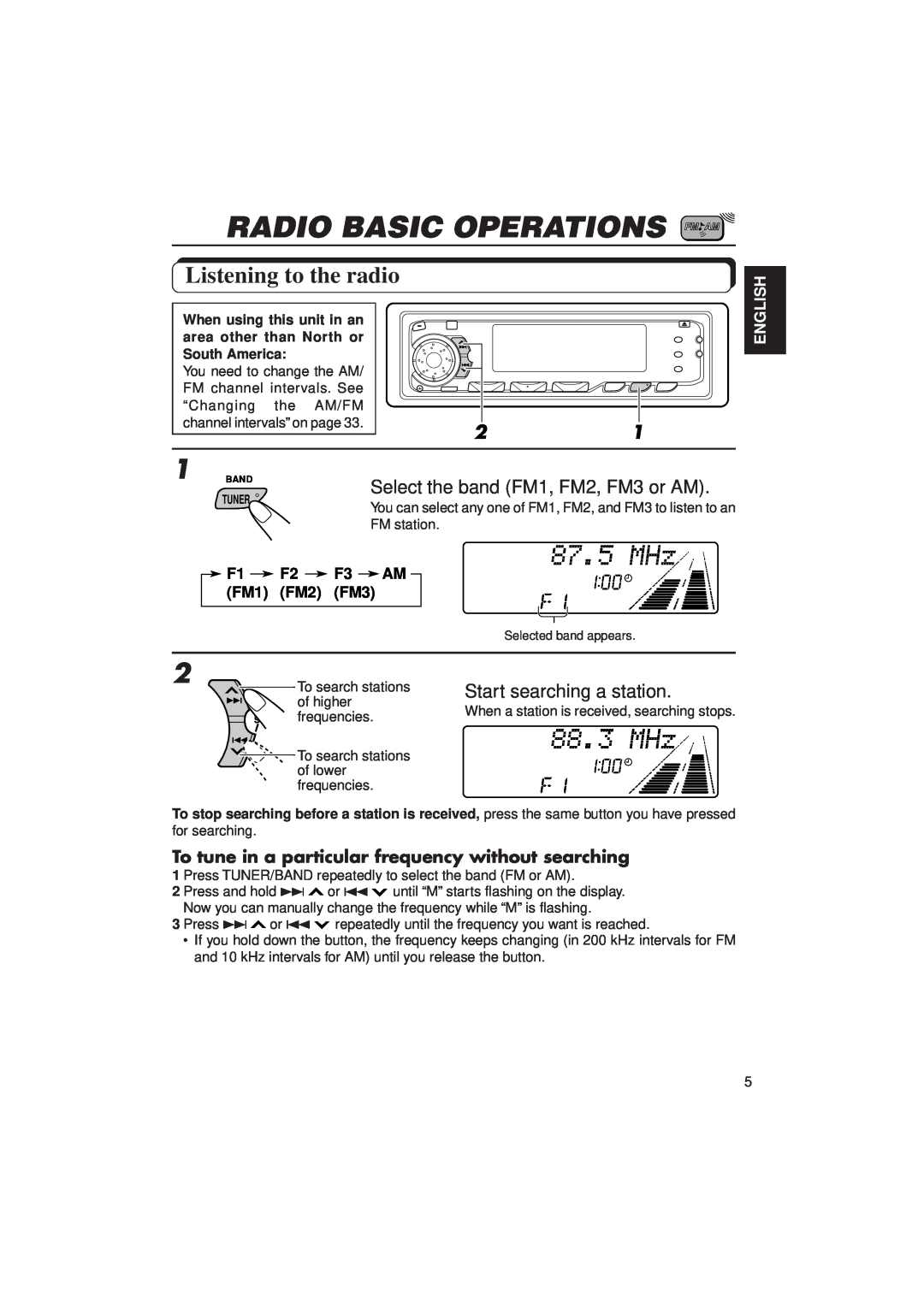 JVC KD-SX1000RJ manual Radio Basic Operations, Listening to the radio, Select the band FM1, FM2, FM3 or AM, English, F1 FM1 