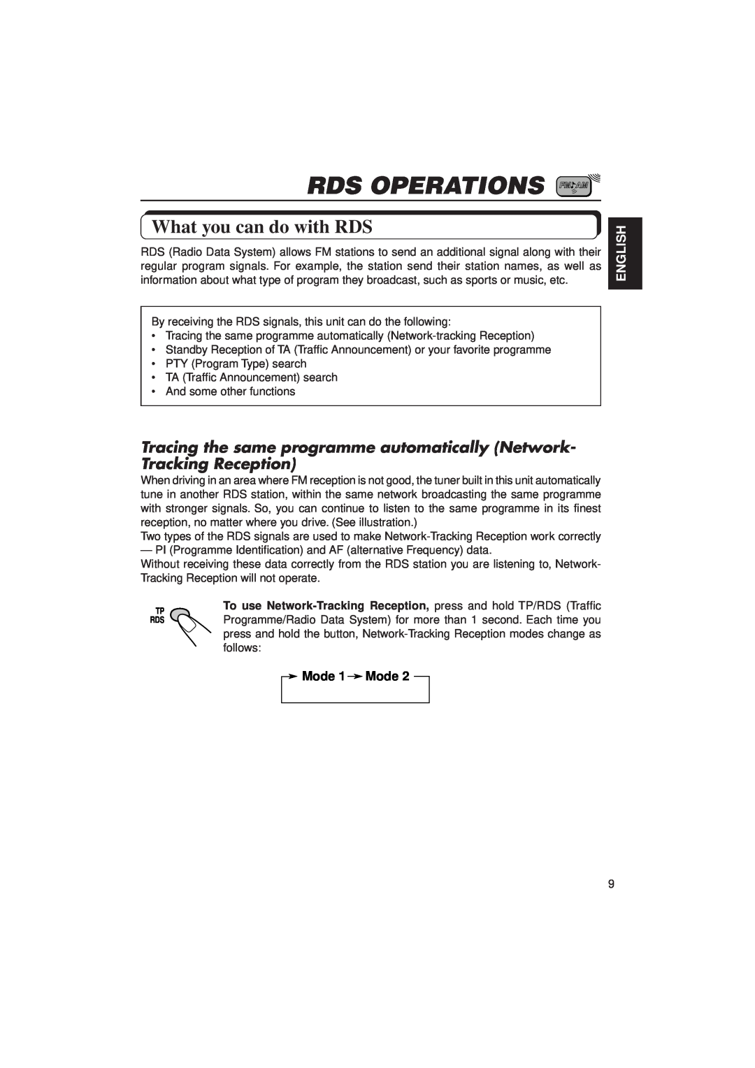 JVC KD-SX1000RJ manual Rds Operations, What you can do with RDS, English, Mode 1 Mode 