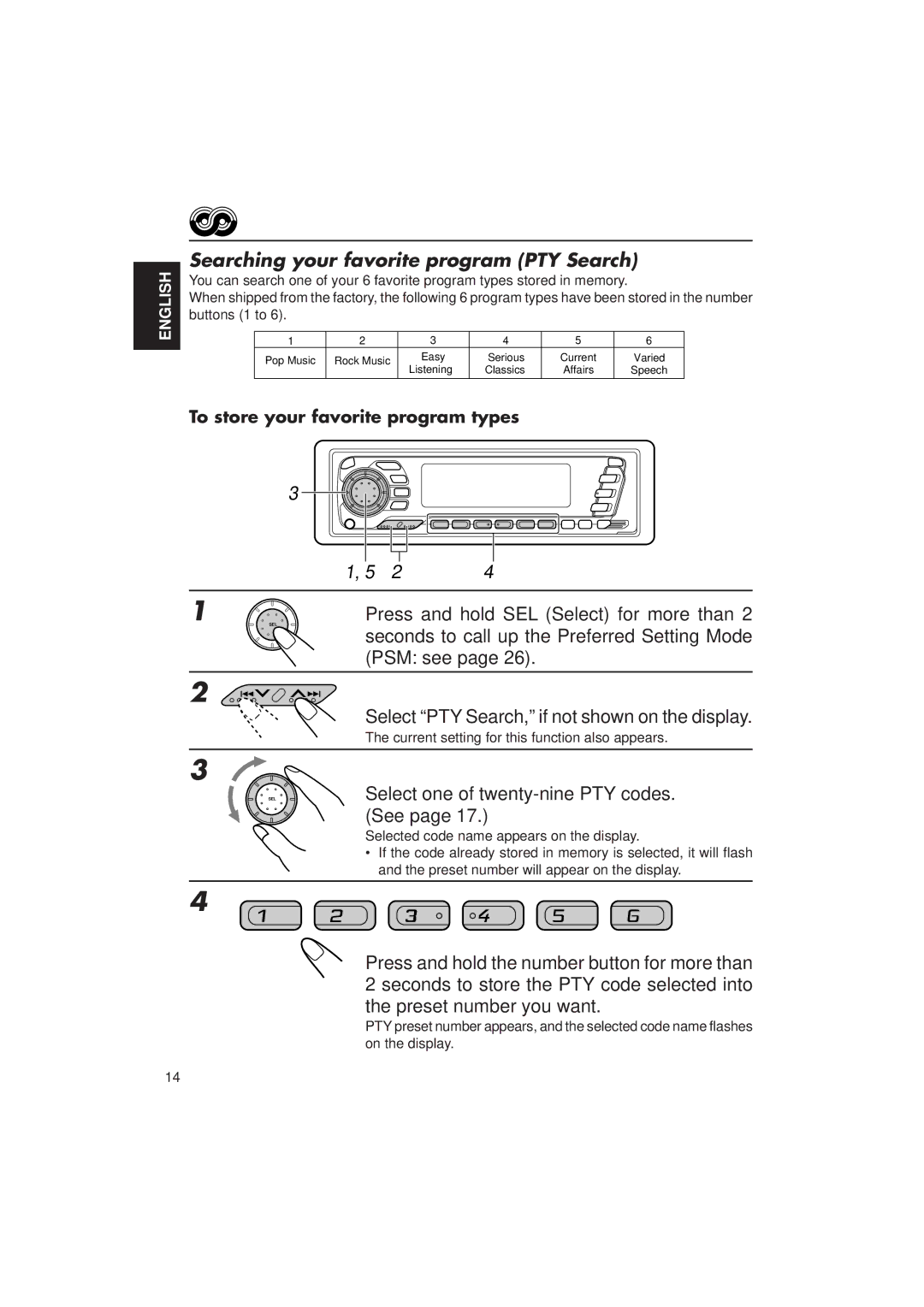 JVC KD-SX1500R manual Searching your favorite program PTY Search, Select one of twenty-nine PTY codes. See 