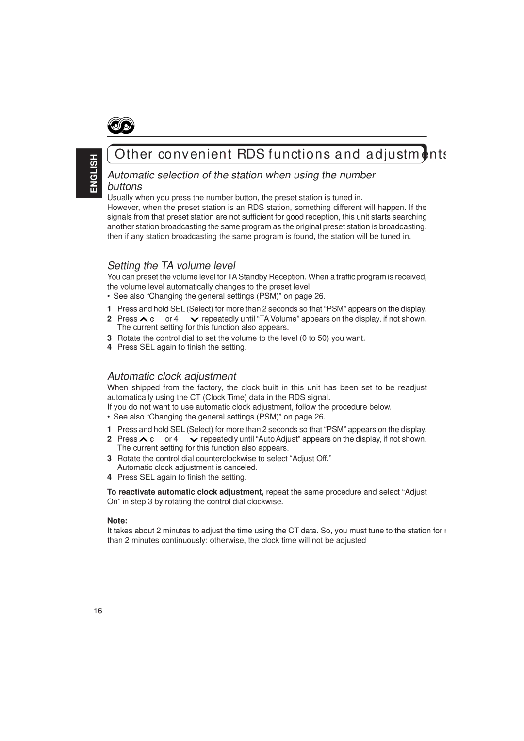 JVC KD-SX1500R Other convenient RDS functions and adjustments, Setting the TA volume level, Automatic clock adjustment 