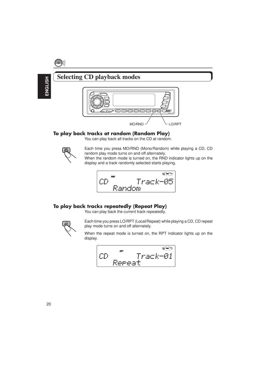 JVC KD-SX1500R manual Selecting CD playback modes, To play back tracks at random Random Play 