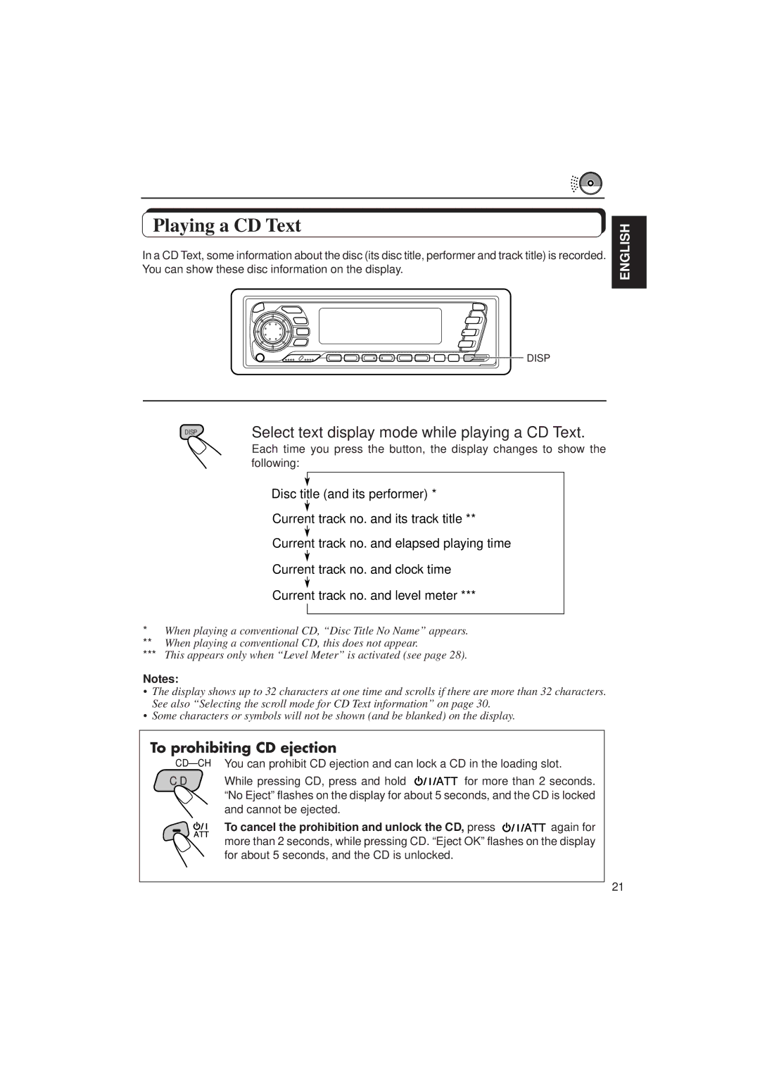 JVC KD-SX1500R manual Playing a CD Text, Select text display mode while playing a CD Text, To prohibiting CD ejection 