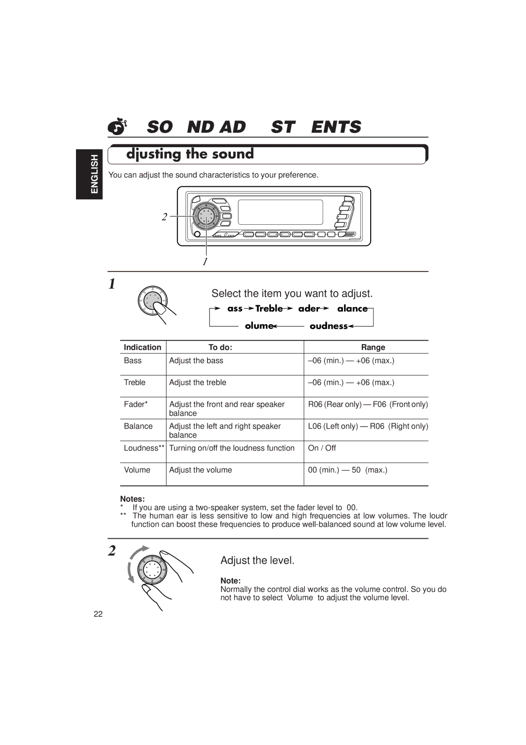 JVC KD-SX1500R manual Sound Adjustments, Adjusting the sound, Select the item you want to adjust, Adjust the level 