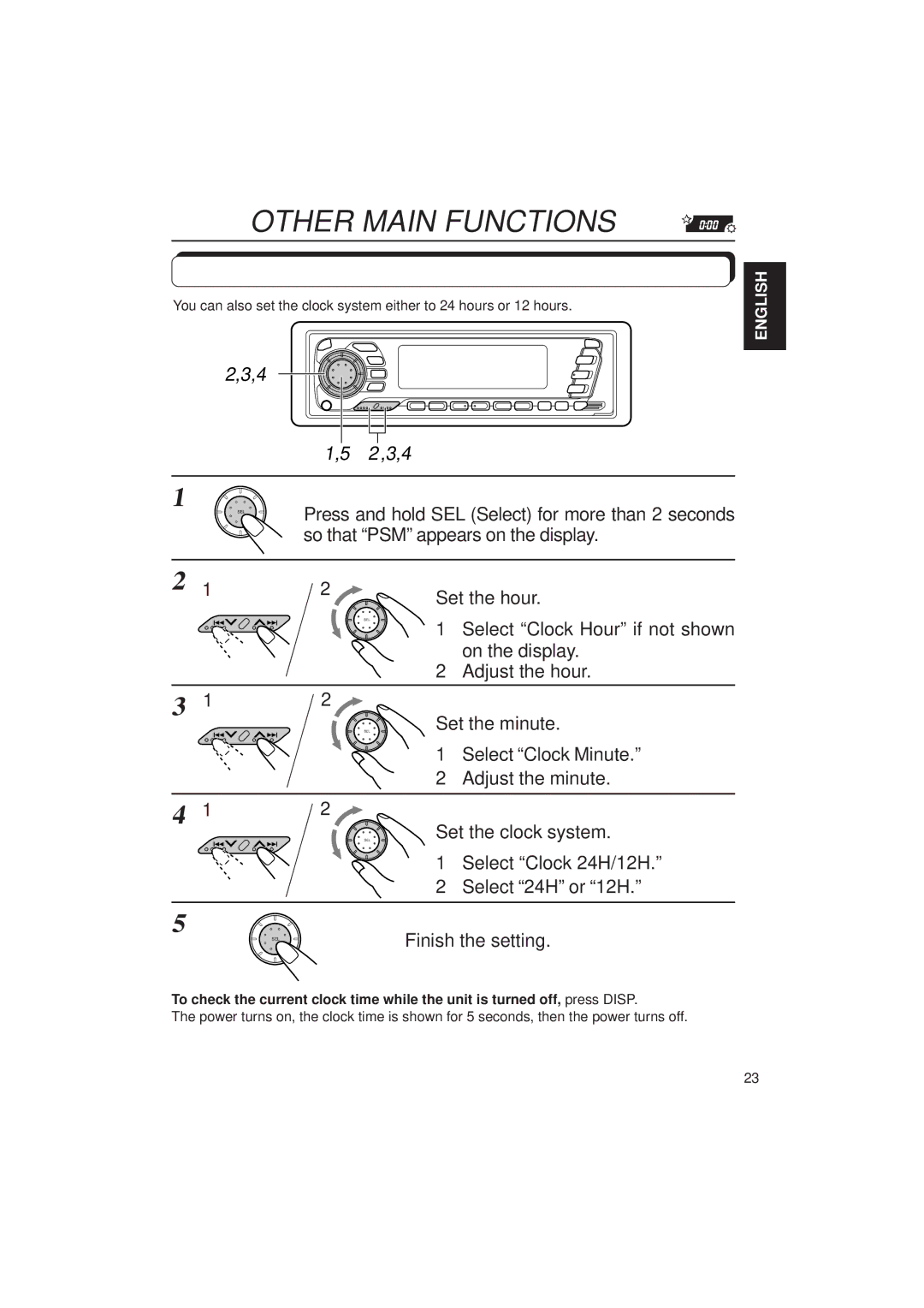 JVC KD-SX1500R manual Other Main Functions, Setting the clock 