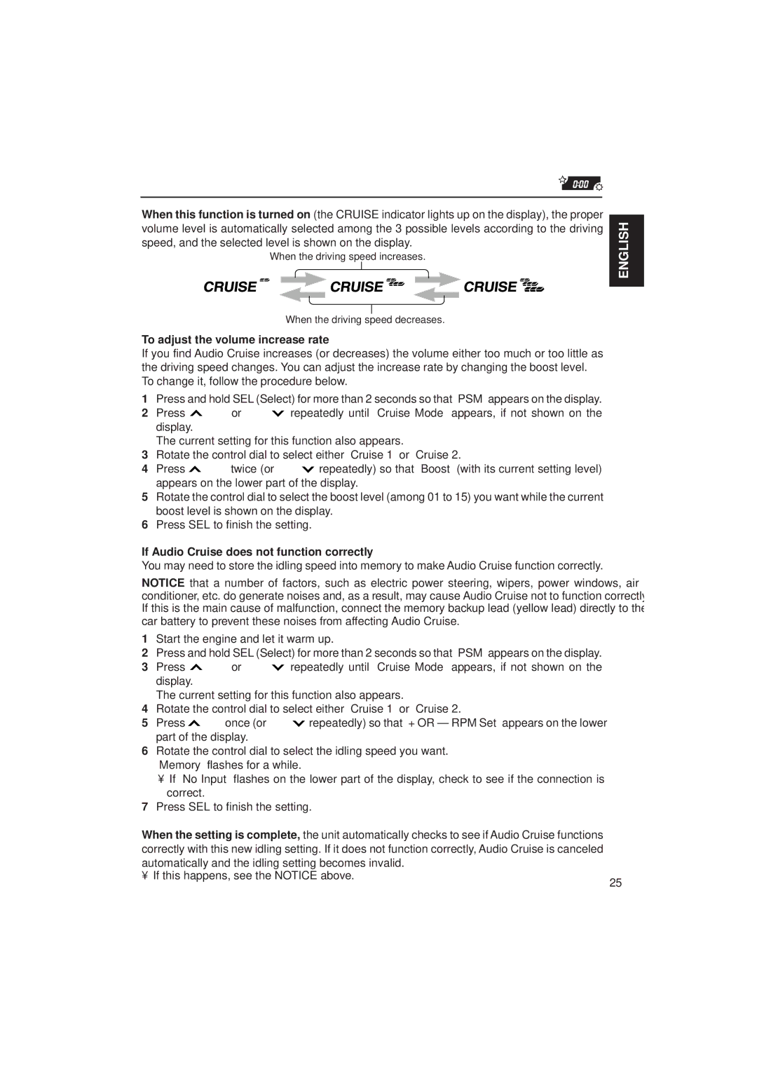 JVC KD-SX1500R manual To adjust the volume increase rate, If Audio Cruise does not function correctly 