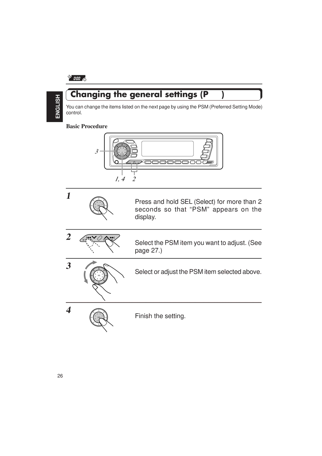 JVC KD-SX1500R manual Changing the general settings PSM, Basic Procedure 