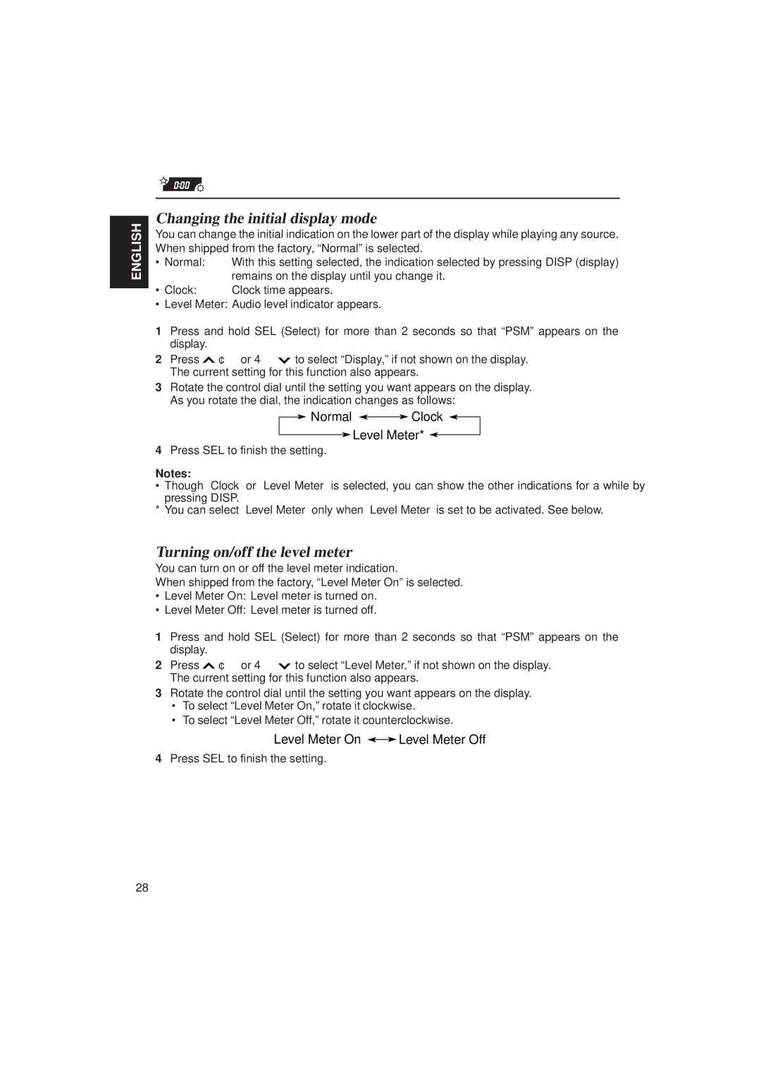 JVC KD-SX1500R manual Changing the initial display mode, Turning on/off the level meter, Normal Clock Level Meter 