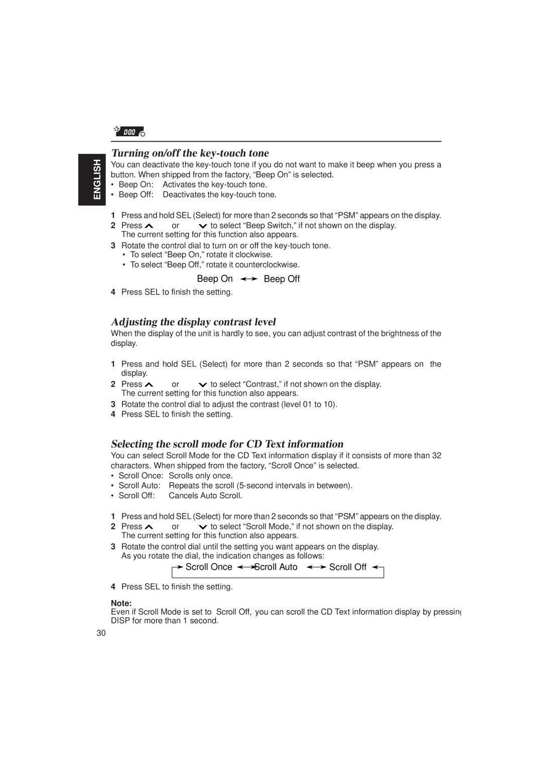 JVC KD-SX1500R Turning on/off the key-touch tone, Adjusting the display contrast level, Scroll Once Scroll Auto Scroll Off 