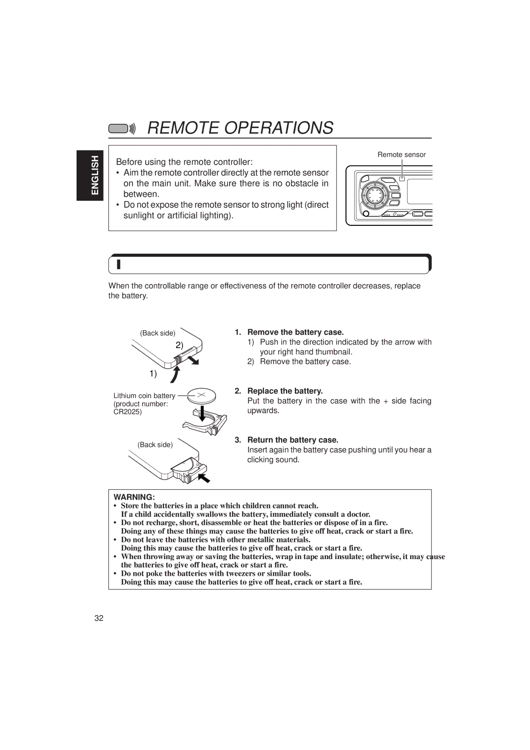 JVC KD-SX1500R manual Remote Operations, Installing the battery, Remove the battery case, Replace the battery 