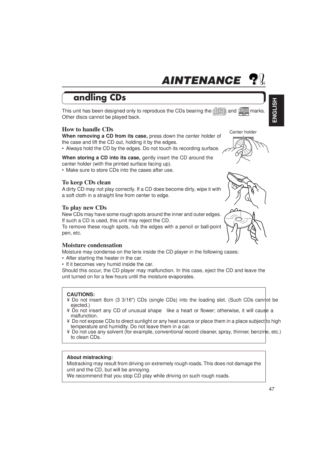 JVC KD-SX1500R manual Maintenance, Handling CDs 