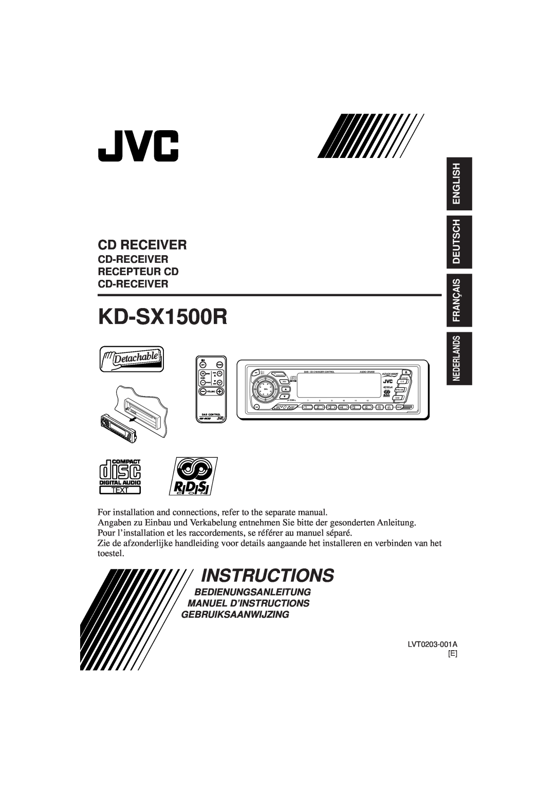 JVC KD-SX1500R manual Instructions, Cd-Receiver Recepteur Cd Cd-Receiver, Nederlands Français Deutsch English, Cd Receiver 
