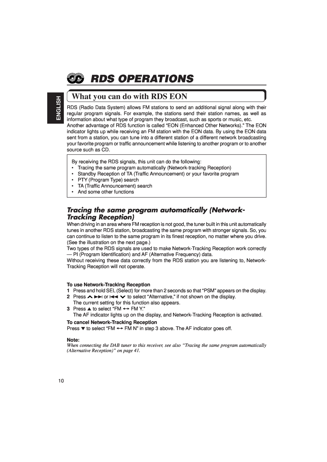 JVC KD-SX1500R manual Rds Operations, What you can do with RDS EON, English 