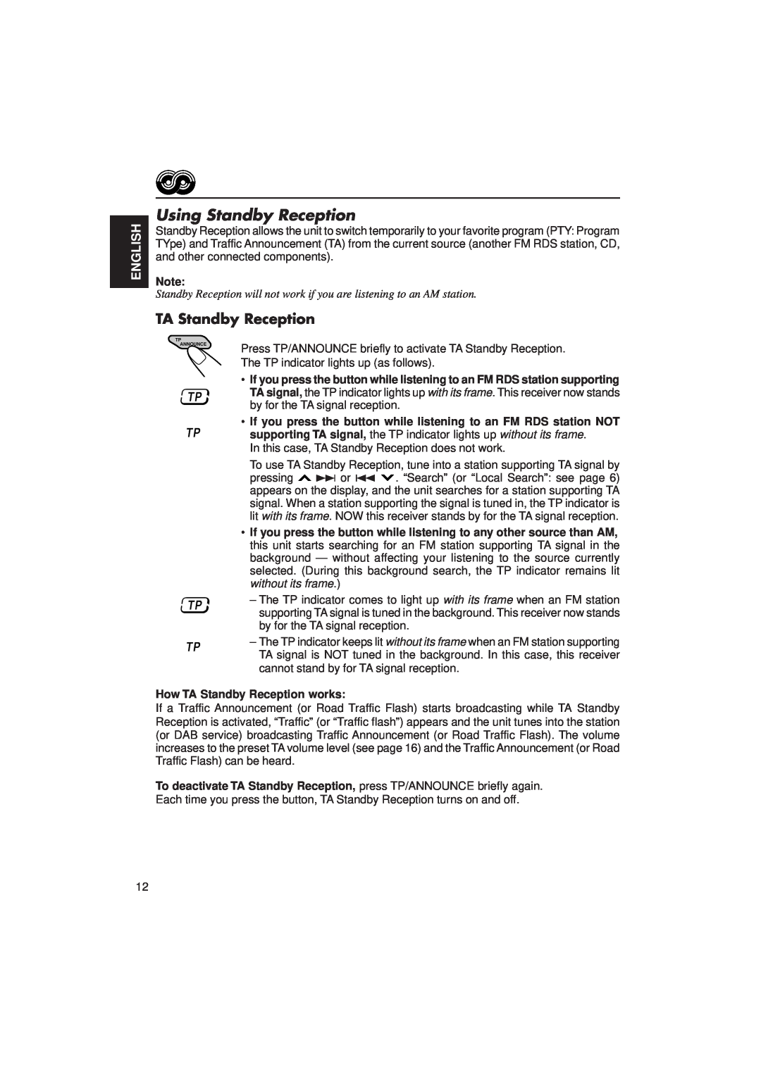 JVC KD-SX1500R manual Using Standby Reception, TA Standby Reception, English 