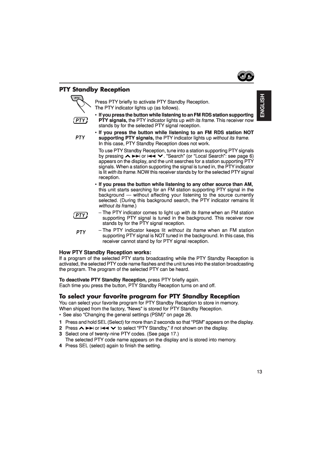 JVC KD-SX1500R manual How PTY Standby Reception works, English 