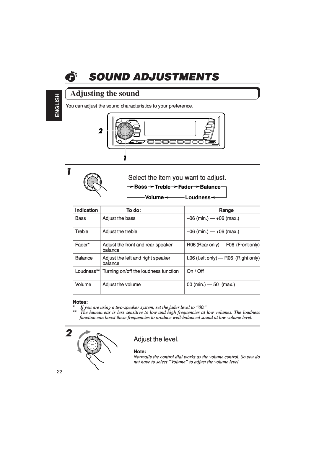 JVC KD-SX1500R Sound Adjustments, Adjusting the sound, Select the item you want to adjust, Adjust the level, Bass, Treble 