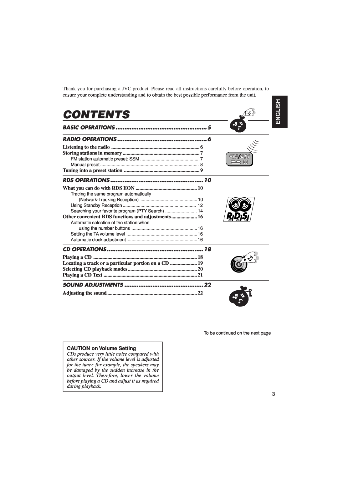 JVC KD-SX1500R manual Contents, English, CAUTION on Volume Setting 