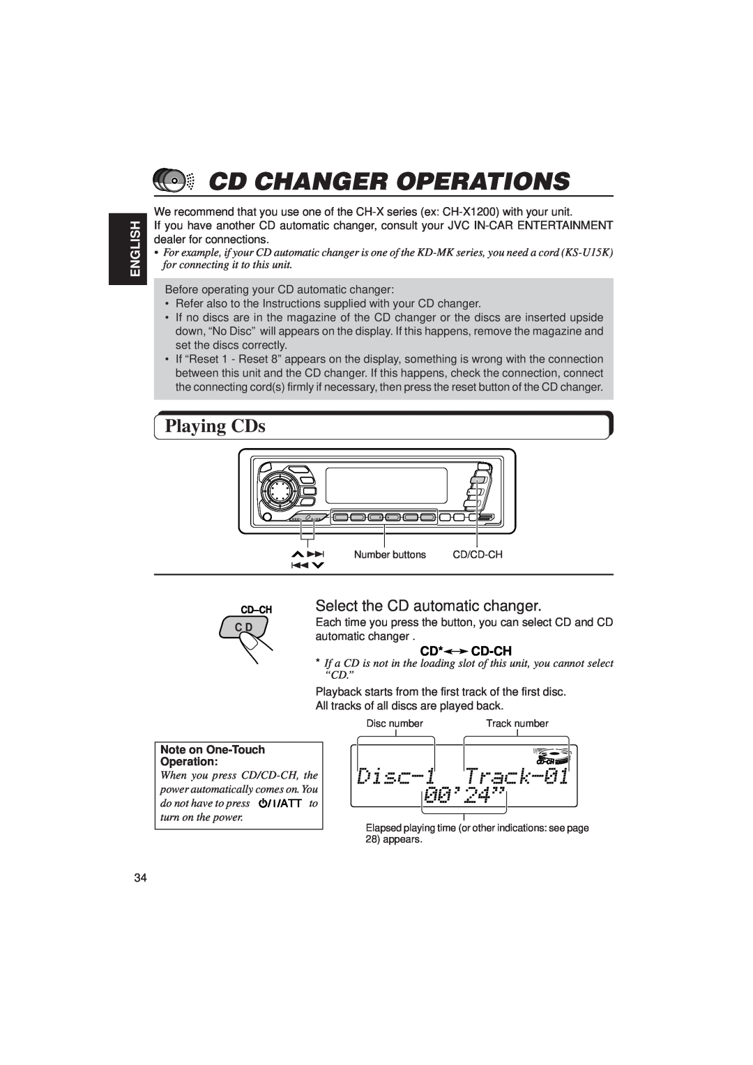 JVC KD-SX1500R manual Cd Changer Operations, Playing CDs, Select the CD automatic changer, Cd* Cd-Ch, English 