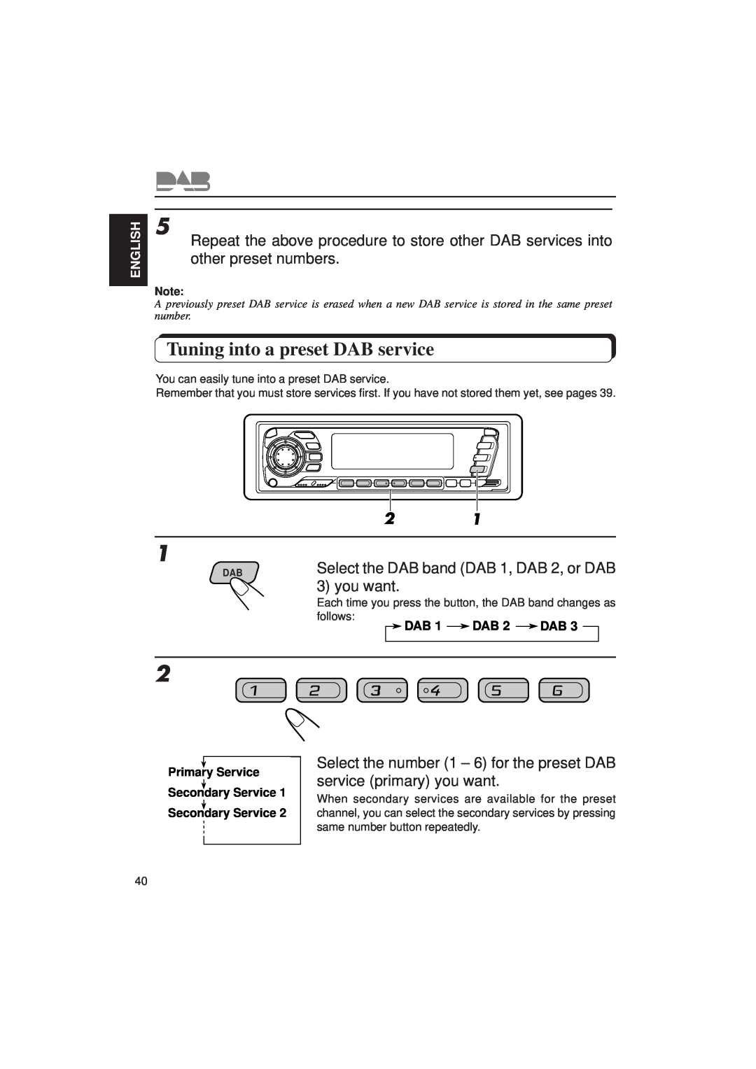 JVC KD-SX1500R manual Tuning into a preset DAB service, Primary Service Secondary Service, DAB 1 DAB 2 DAB 