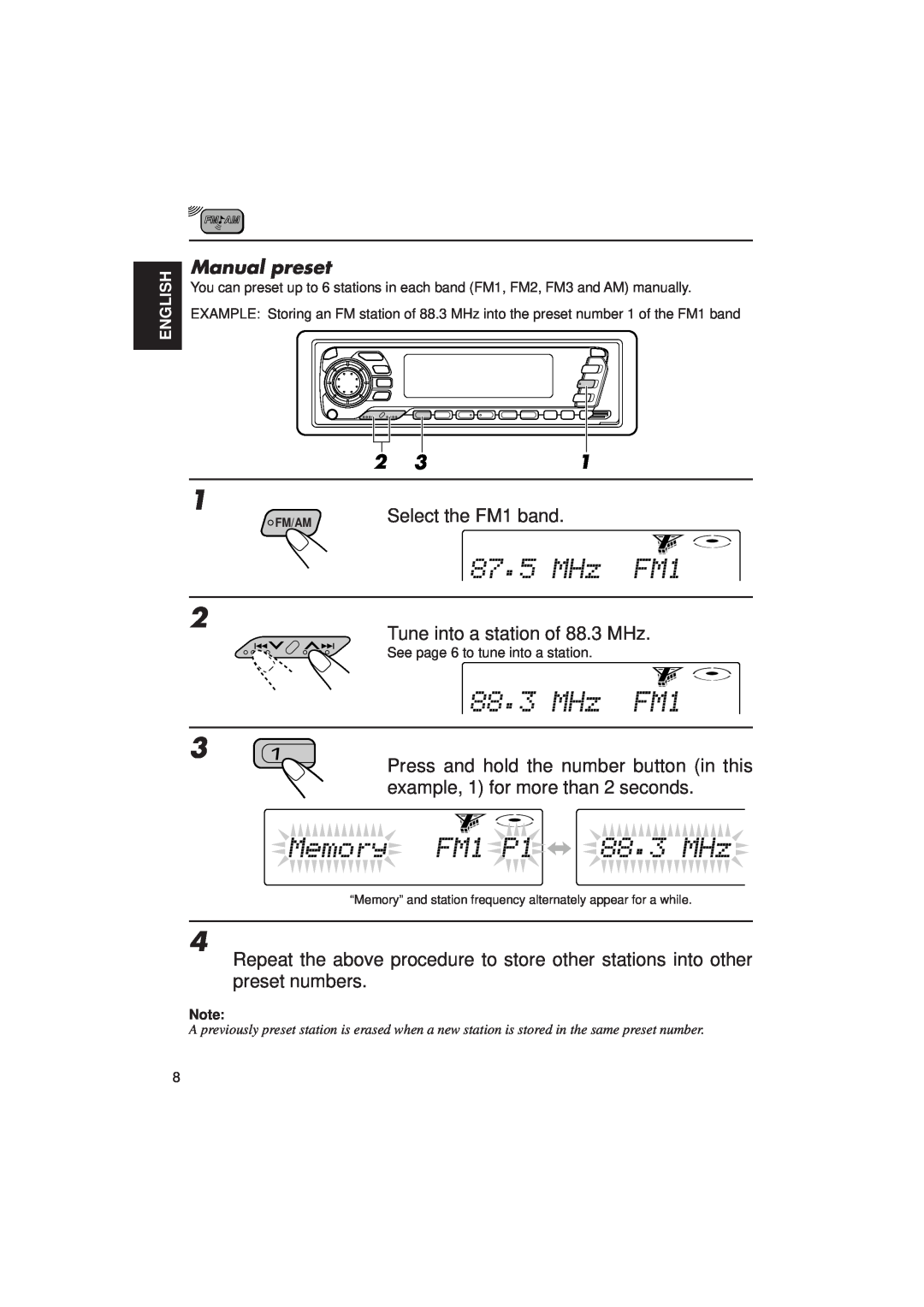 JVC KD-SX1500R manual Manual preset, Select the FM1 band 