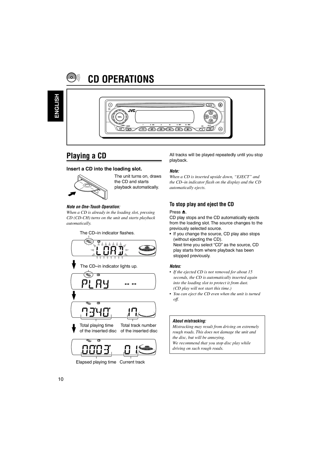 JVC KD-SX60WT, KD-SX50M manual CD Operations, Playing a CD, To stop play and eject the CD, Insert a CD into the loading slot 