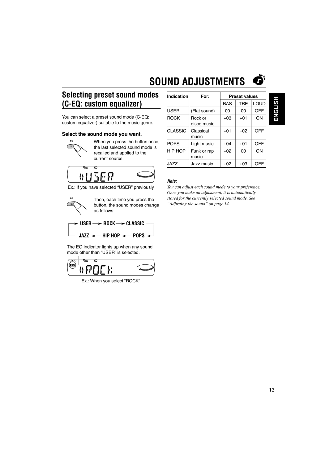 JVC KD-SX50M manual Sound Adjustments, Selecting preset sound modes C-EQ custom equalizer, Select the sound mode you want 