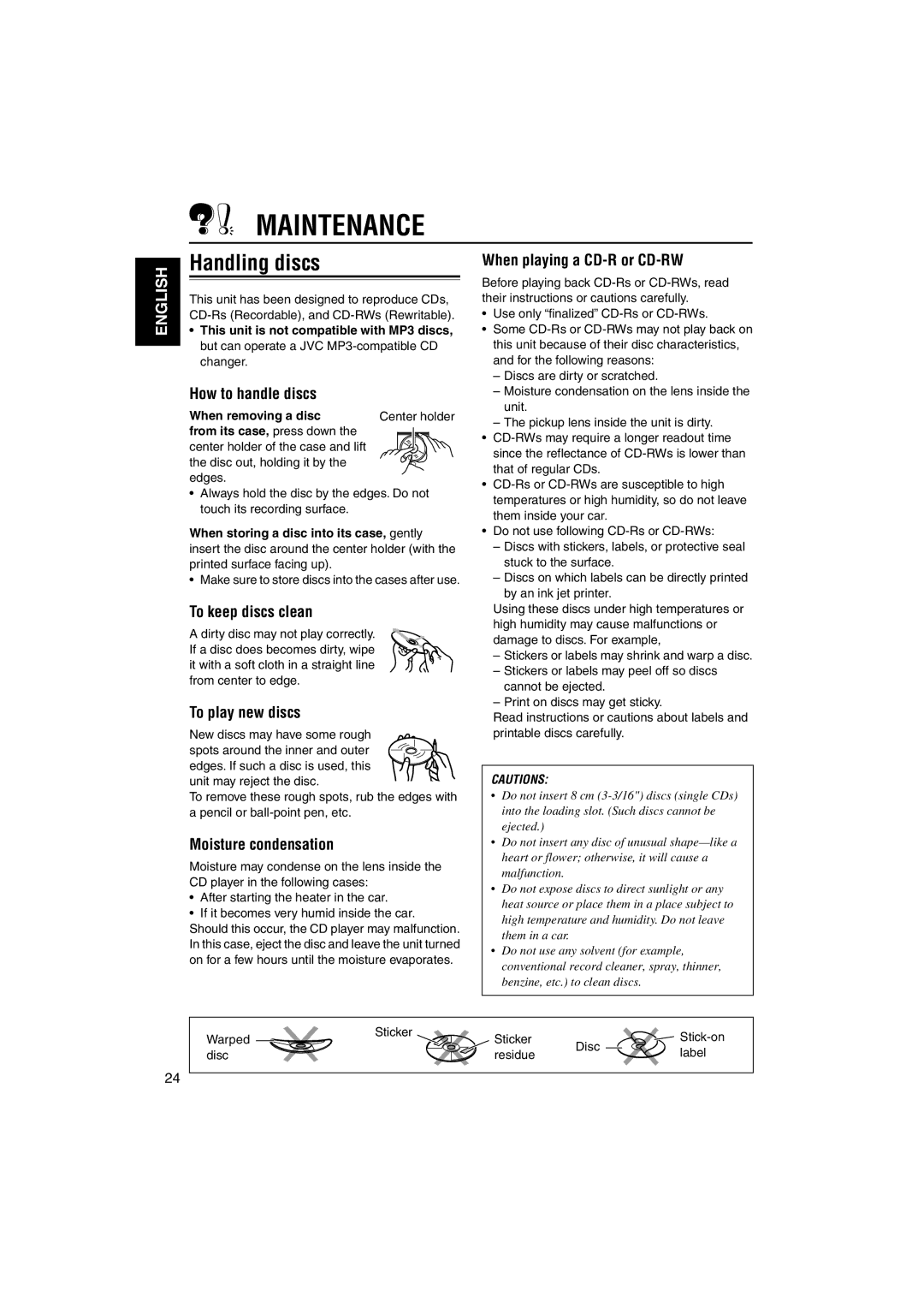 JVC KD-SX60WT, KD-SX50M manual Maintenance, Handling discs 